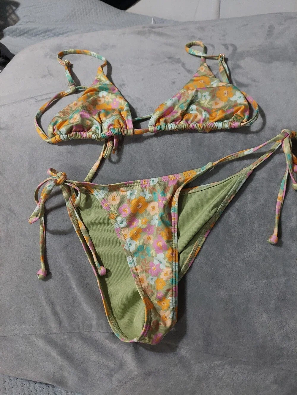 Billabong Floral Tie-Side Triangle Bikini Set in Yellow Green